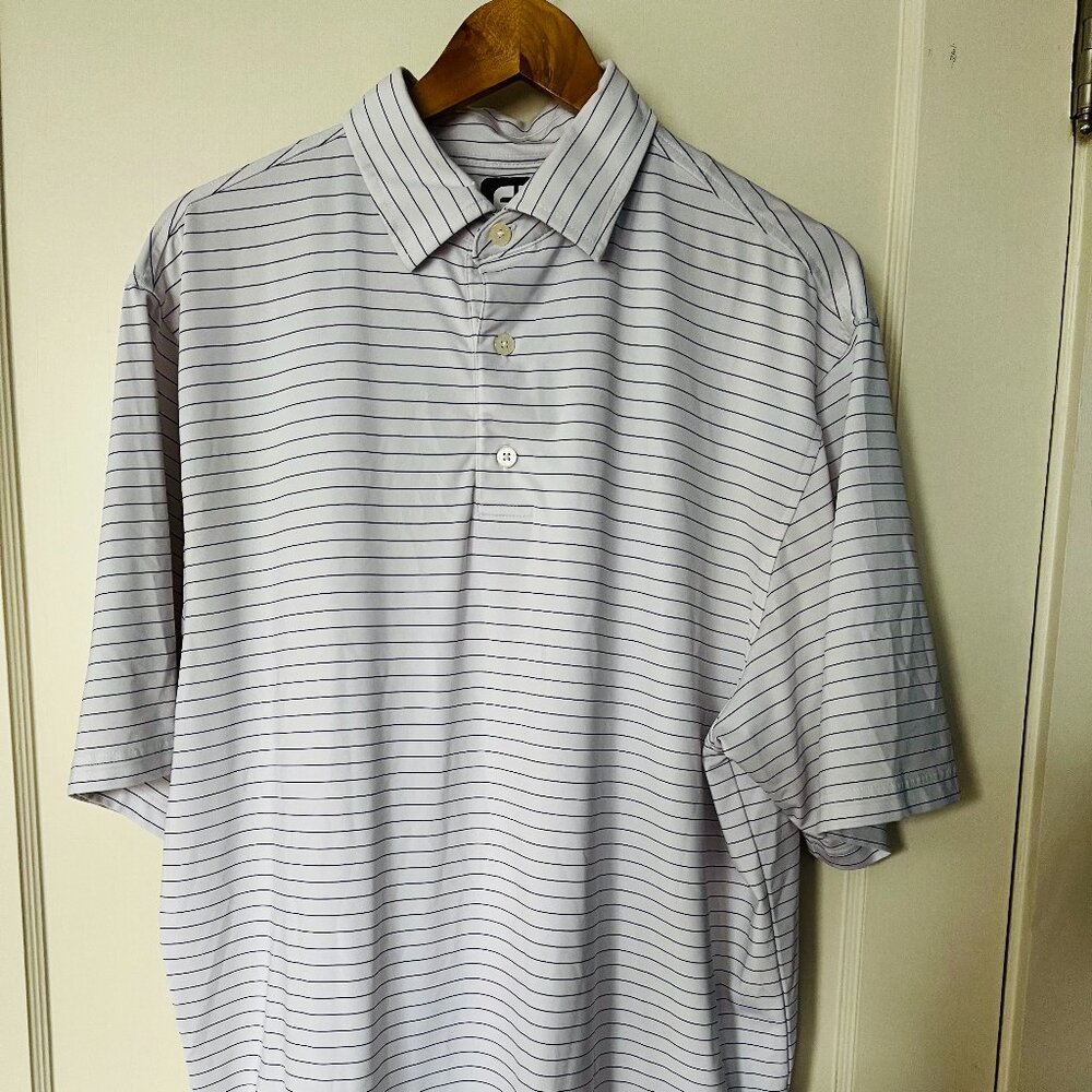 FootJoy FJ Men's Size Large Polo Shirt Sz.L White W/ Blue Stripes